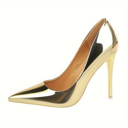 Elegant metallic stiletto heels for women with sleek pointed toe, transparent strap, and lightweight PU cover.