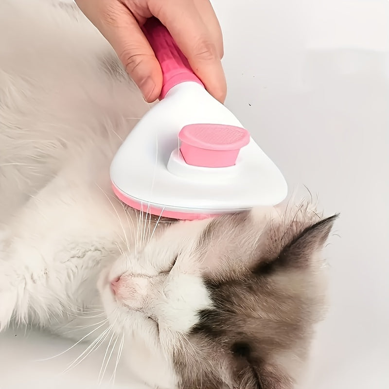 Pet hair removal comb with one-button operation, ideal for grooming and massaging dogs and cats.