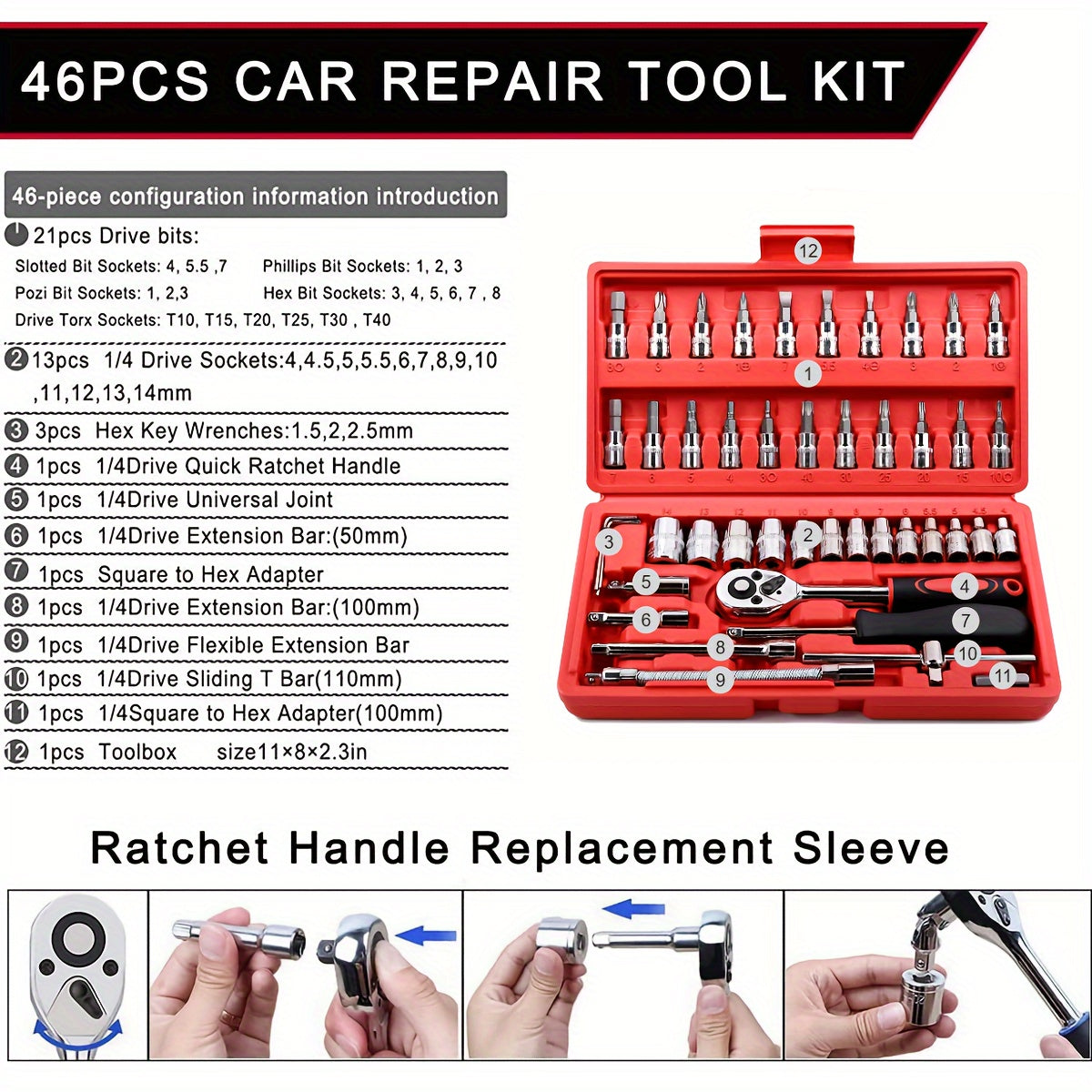 46-piece tool set for car and bike repair, including ratchet torque wrench, screwdriver, socket wrench, and combination tools.