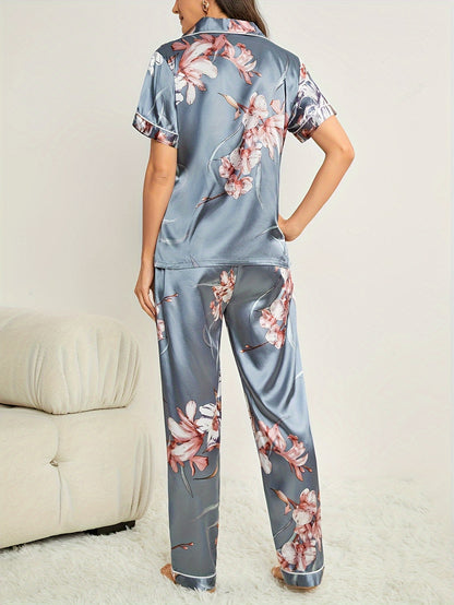 Women's floral print pajama set with short sleeve button top and elastic waistband pants, perfect for sleepwear or loungewear.