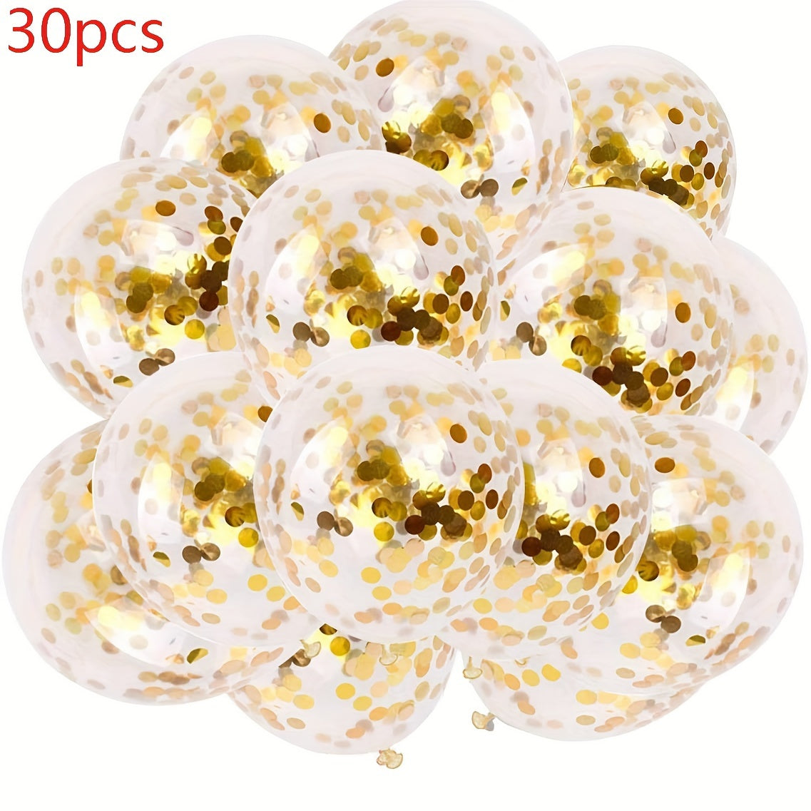 30 golden confetti latex balloons with golden paper dots, perfect for party decorations.