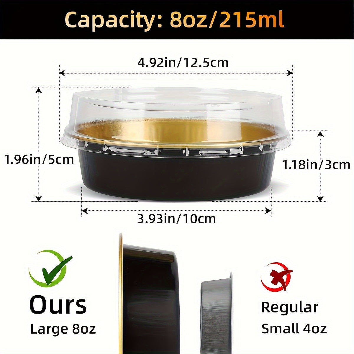 Set of 20 golden mini pie tins with lids, each measuring 10.16cm and holding 8oz. Made of disposable aluminum foil, perfect for creme brulee, tarts, and cakes. These oven-safe individual baking containers are a convenient choice for your cooking needs.