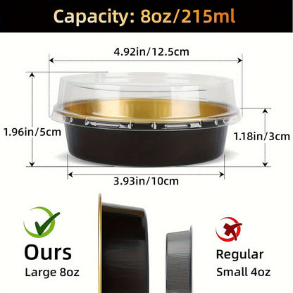 Set of 20 golden mini pie tins with lids, each measuring 10.16cm and holding 8oz. Made of disposable aluminum foil, perfect for creme brulee, tarts, and cakes. These oven-safe individual baking containers are a convenient choice for your cooking needs.