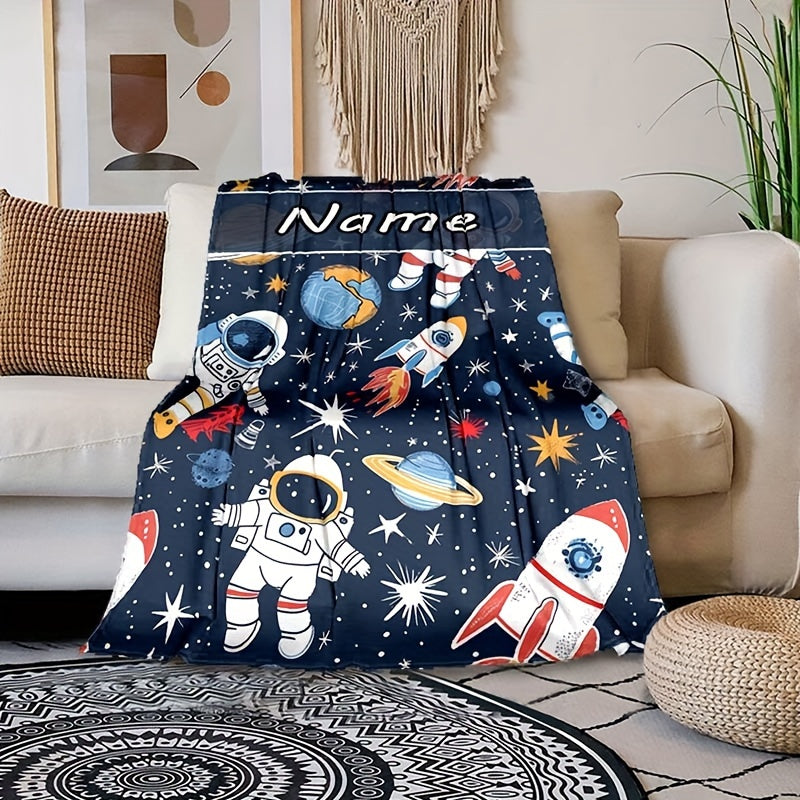 Customize your space-themed decor with a personalized Astronaut Rocket Blanket! Made of luxurious flannel velvet, this blanket is perfect for keeping warm during autumn and winter. Use it as a napping blanket or to add a cozy touch to your sofa. It also