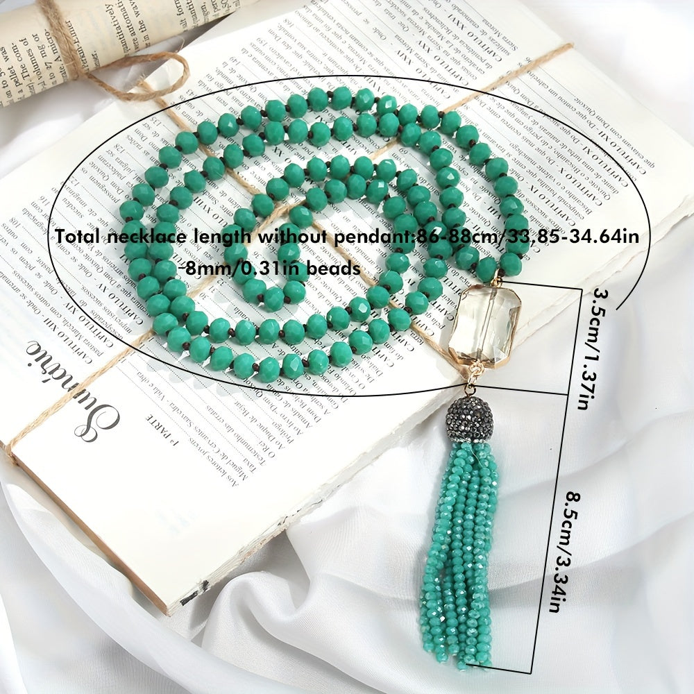 [Top Pick] Boho Chic 8mm Glass Bead Necklace with Tassel, Sweater Chain for Women - Perfect for Everyday Wear and Mother's Day Present, New for Spring, Knotted Design