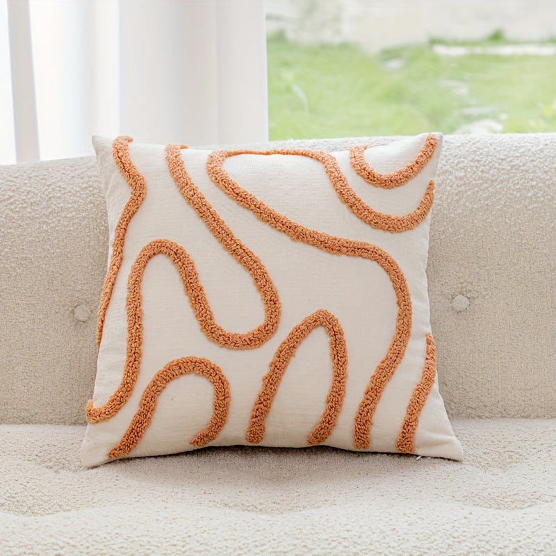 Bohemian style throw pillow cover made of soft plush chenille with reversible geometric stripe pattern, hand washable, zipper closure, polyester material, for home sofa patio bench decor. Insert not included.