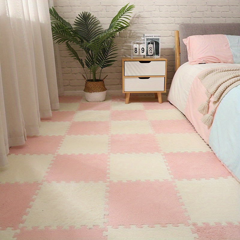 12 pieces of interlocking carpets with a thickened design, perfect for adding a punk-style touch to your bedroom or closet. These rugs are washable for easy maintenance.