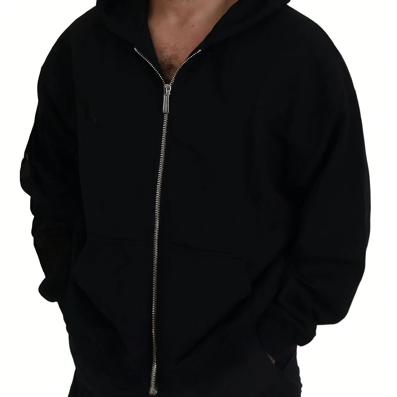 Men's casual black zip-up hoodie made of polyester, ideal for outdoor sports, machine washable, suitable for hip-hop necklace, available in plus size.