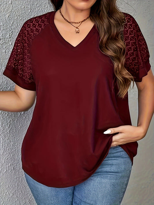 Stylish V-Neck Lace Panel T-Shirt for Women - Solid Color, Polyester Knit, Short Sleeve Casual Top for Spring/Summer