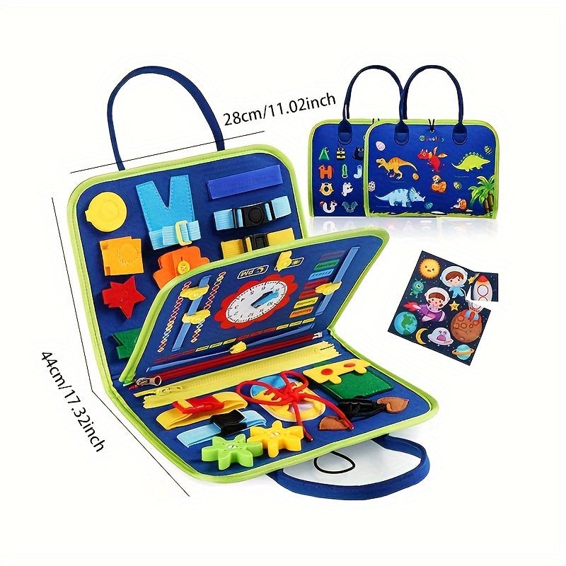 Children's interactive educational busy board toy, designed to engage young minds through hands-on learning activities. This handheld quiet book promotes early education and brain development with a mix of colors. Batteries not required.