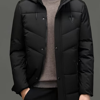 Men's mid-length hooded padded jacket with detachable hood, suitable for winter outdoors.