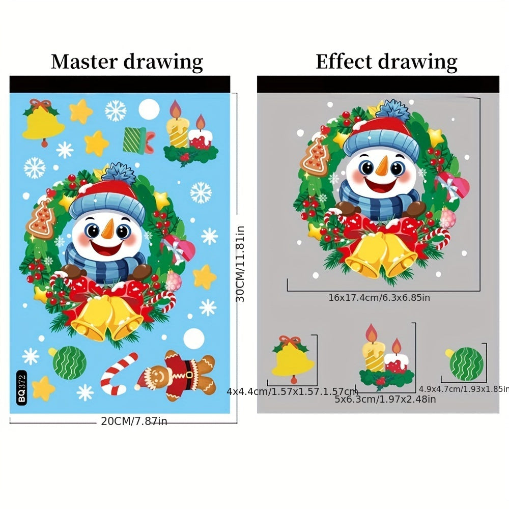 Set of Christmas window clings featuring PVC static Santa Claus and reindeer decals, along with a freestanding festive rabbit theme decor. These non-electric, featherless decals are perfect for adding a touch of holiday cheer to your home. Use them to