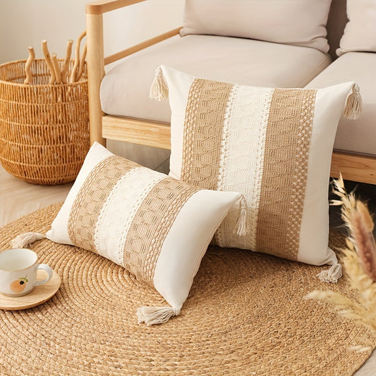 Polyester tassel pillow cover with stripe pattern for living room or bedroom, no insert included. Universal holiday decor, featherless, and electricity-free.