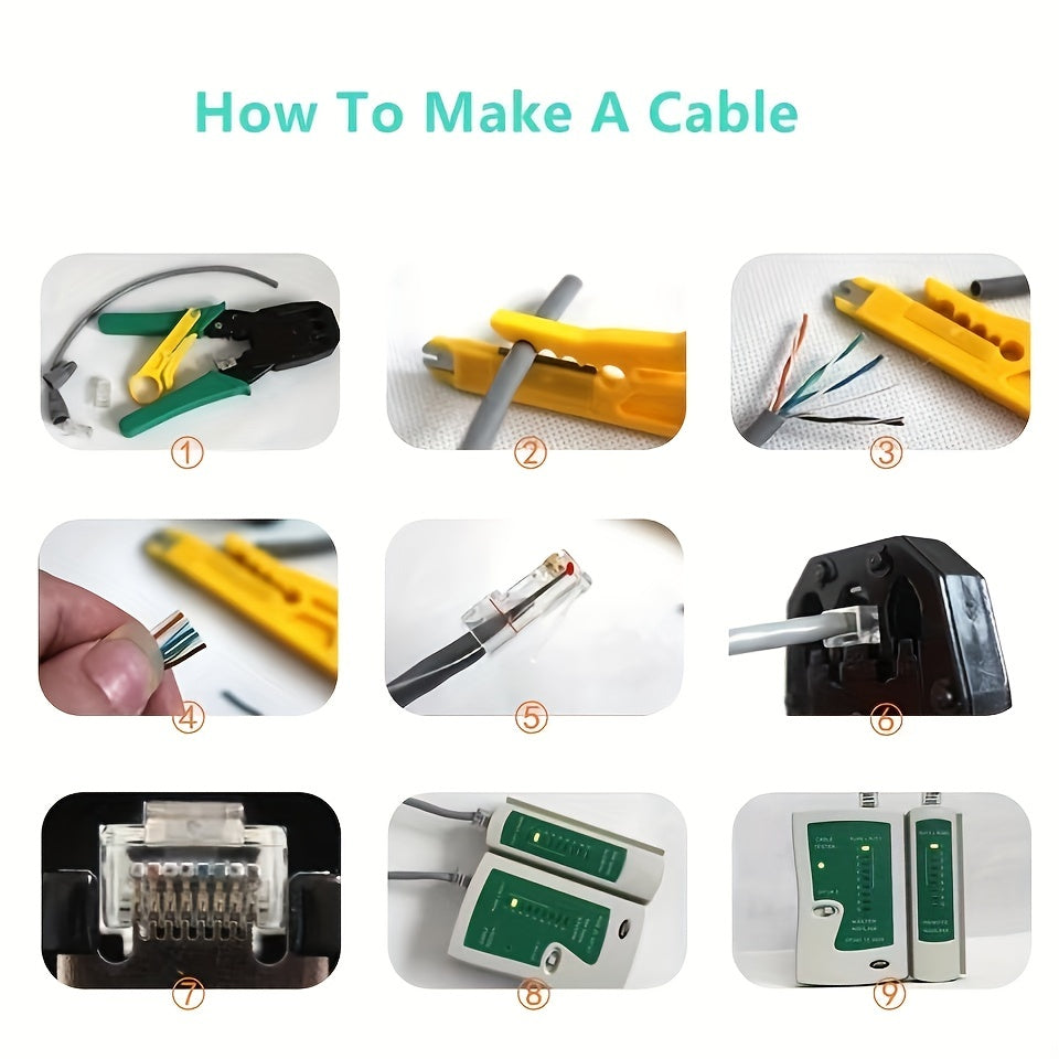 11-in-1 portable network tool kit for Cat5, Cat5e, and Cat6 cables, including Ethernet cable crimper, connectors, cable tester, and punch down tool.