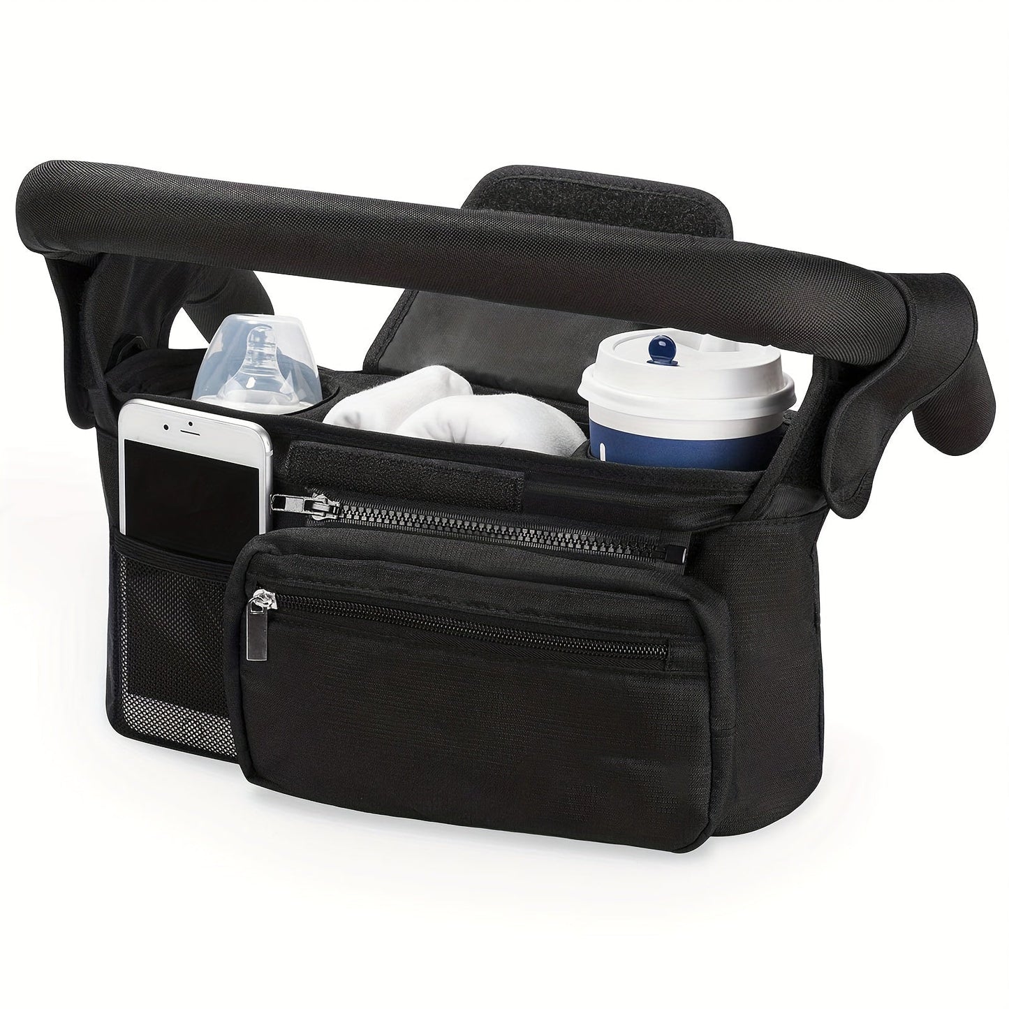 Stylish Stroller Caddy with Insulated Cup Holders, Phone Pouch & Shoulder Strap - Compatible with Uppababy, Jogger, Britax, BOB, and Many Others!