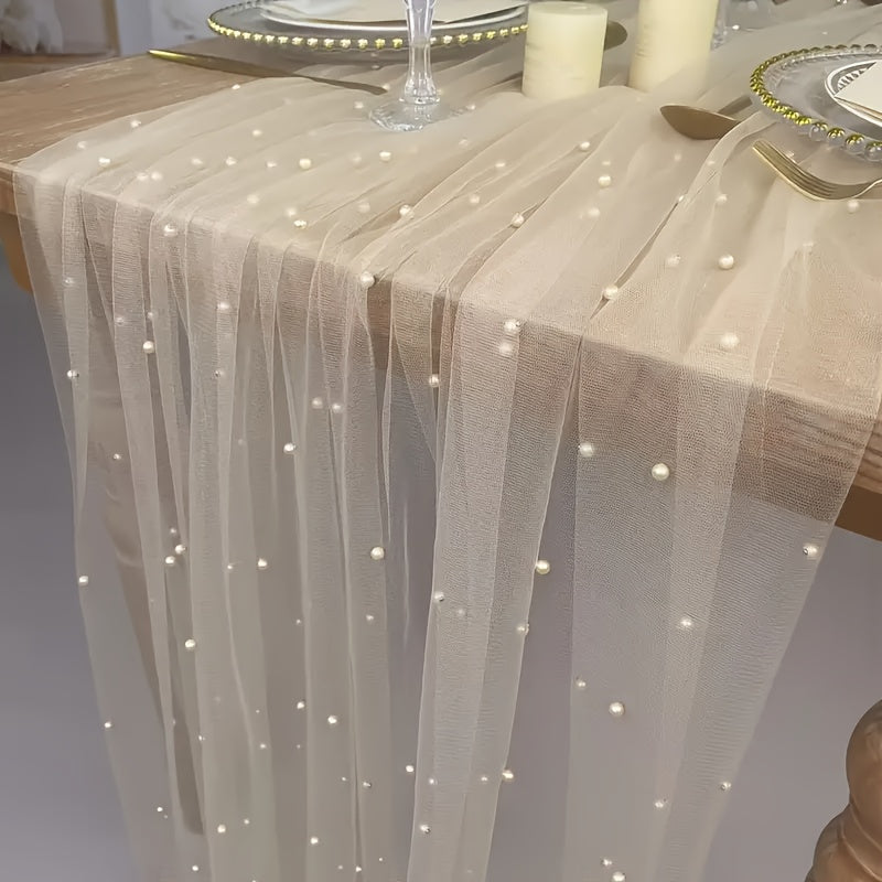 Enhance the ambiance of your special events with our Romantic Pearl Lace Table Runner. Perfect for weddings, bridal showers, and more, this elegant decoration is crafted from embroidered sheer chiffon tulle that is wrinkle-free for a luxurious look.