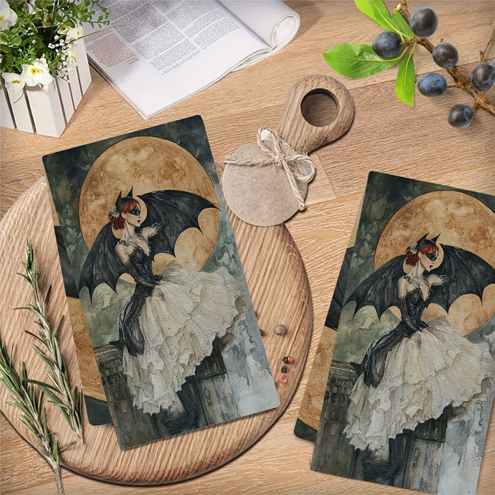 Two pieces of kitchen towels inspired by Albert Joseph Penot featuring a Bat Woman design. These ultra soft and highly absorbent polyester dish hand towels measure 40.64x60.96 cm and boast a gothic elegance design. They are machine washable and perfect