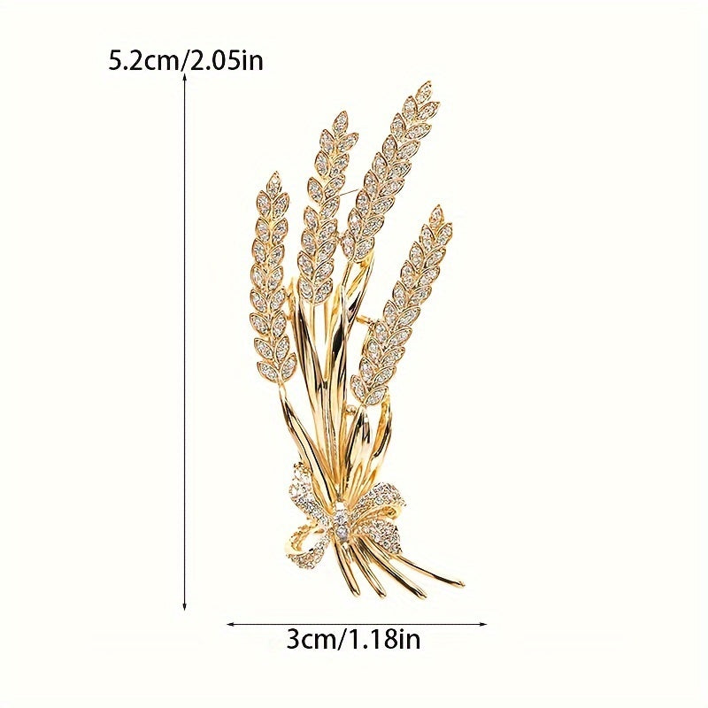 Stylish antique wheat sheaf brooch adorned with a delicate bow and shimmering rhinestones, a nature-inspired fashion accessory for both men and women.