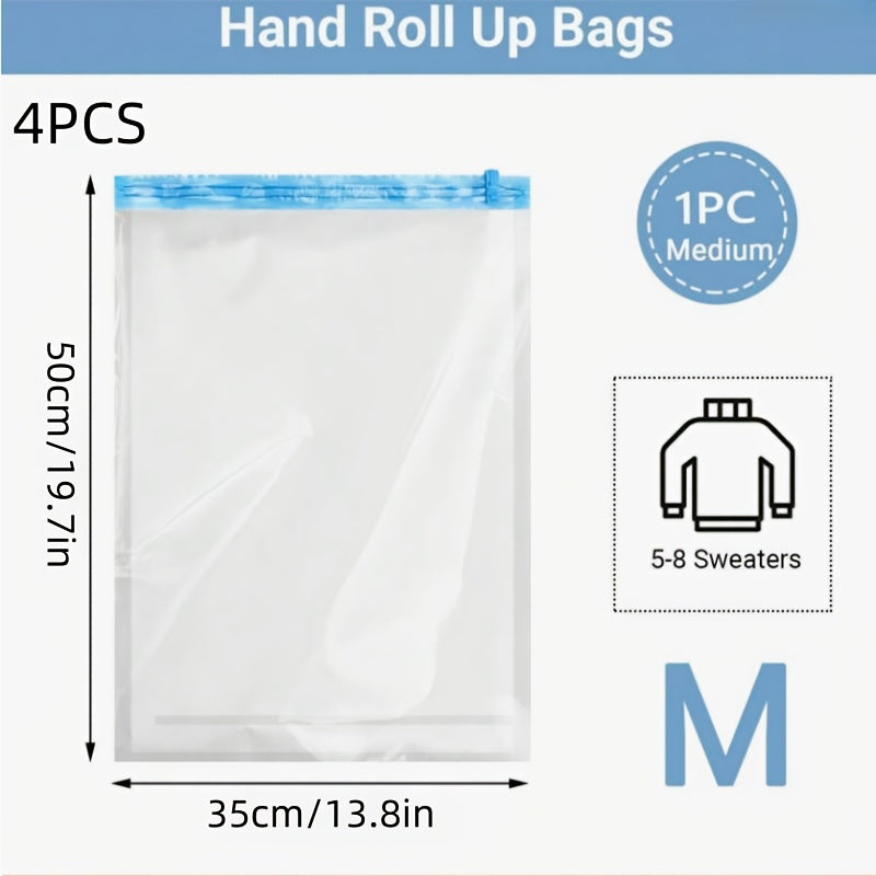 Space saving just got easier with our 4-Pack of Compression Storage Bags! These innovative bags do not require a pump, simply roll up to remove excess air and compress your clothes for maximum storage space. Perfect for organizing clothes, luggage, and