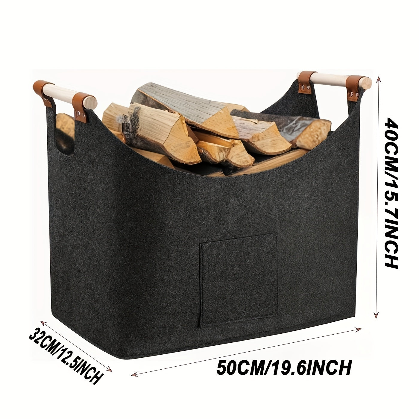 Large Wooden Fire Basket with Thick Felt Blanket, Round Firewood Holder, Foldable Design with Extended Handle for Easy Use, Suitable for Indoor Fireplace, Made of Durable Dark Gray Wood Material