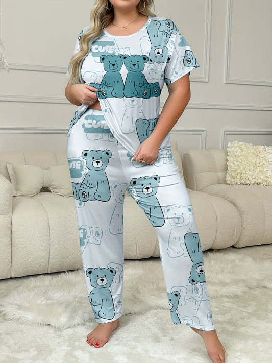 Ayollar uchun to'liq o'lchamdagi teddy bear print pijama to'plami, dumaloq bo'yin, qisqa yeng va uzun shimlar bilan. Bahor/yoz/kuz uchun qulay dam olish kiyimlari.