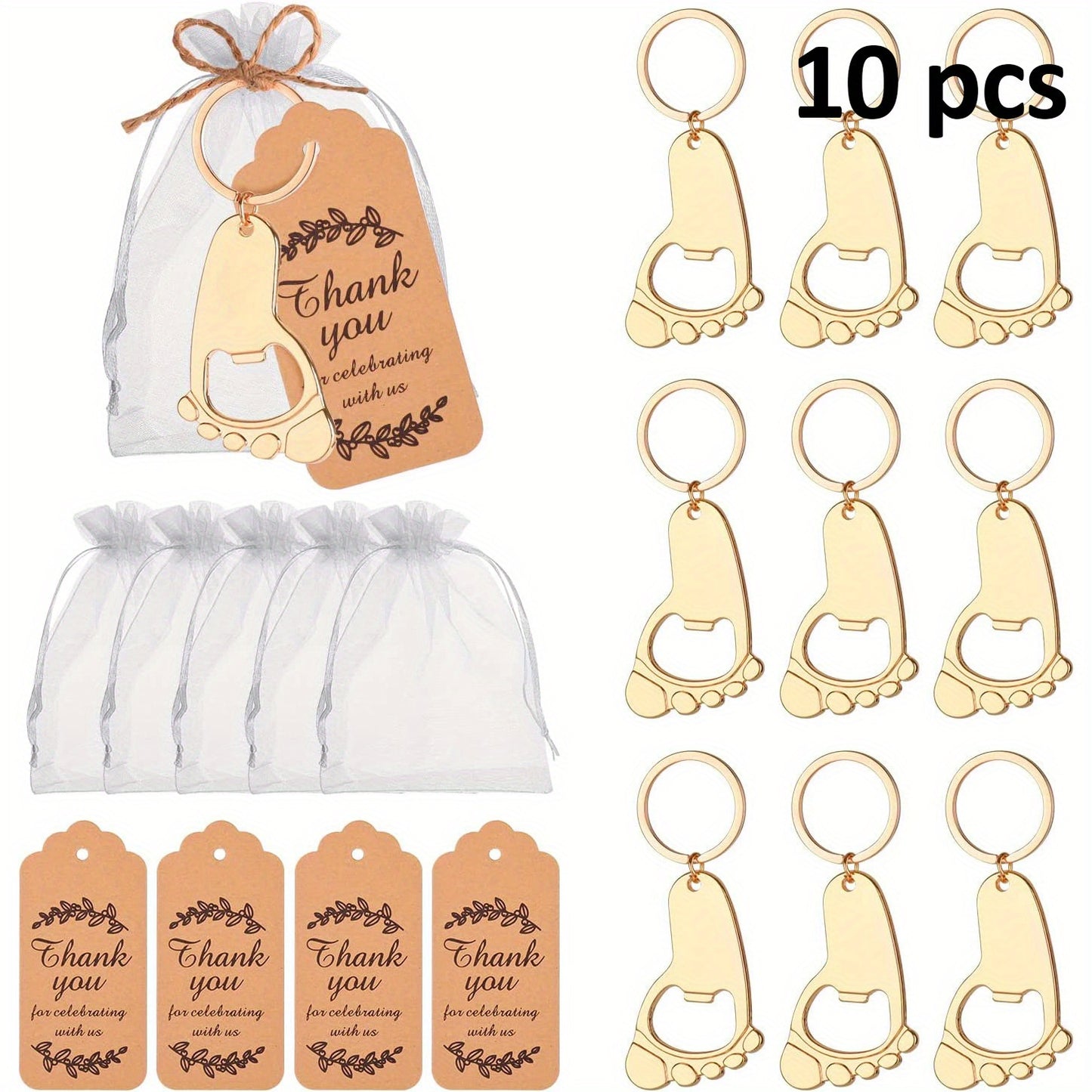 Set of 10 Footprint Keychain Bottle Opener Shower Favors with Organza Bag, thank you tag, and 30CM string