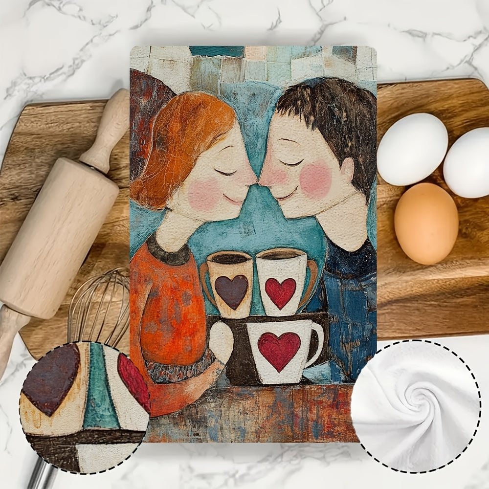 Enjoy the cozy charm of these two ultra-soft kitchen towels, adorned with a delightful design of two people sharing a coffee shop moment. With heart-printed mugs in hand, they smile warmly at each other, creating a festive and inviting atmosphere. These