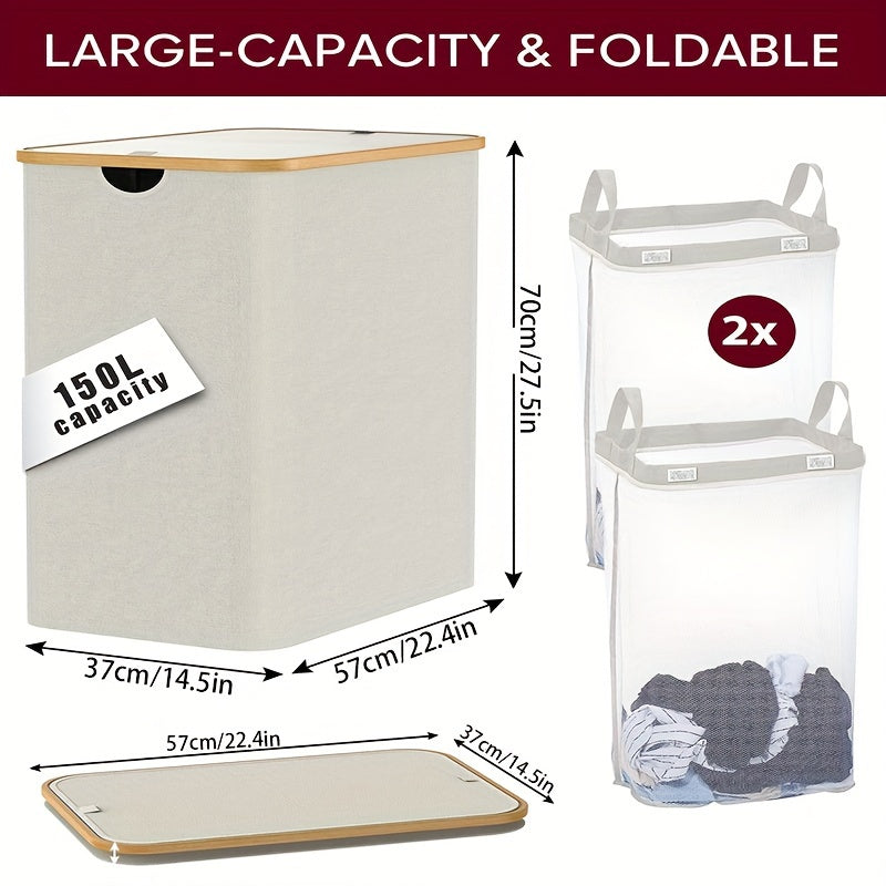 Large laundry hamper with lid and 2 detachable bags, perfect for organizing dirty clothes in laundry rooms, bathrooms, and dormitories. This foldable storage basket is a must-have for home organization and back-to-school supplies.