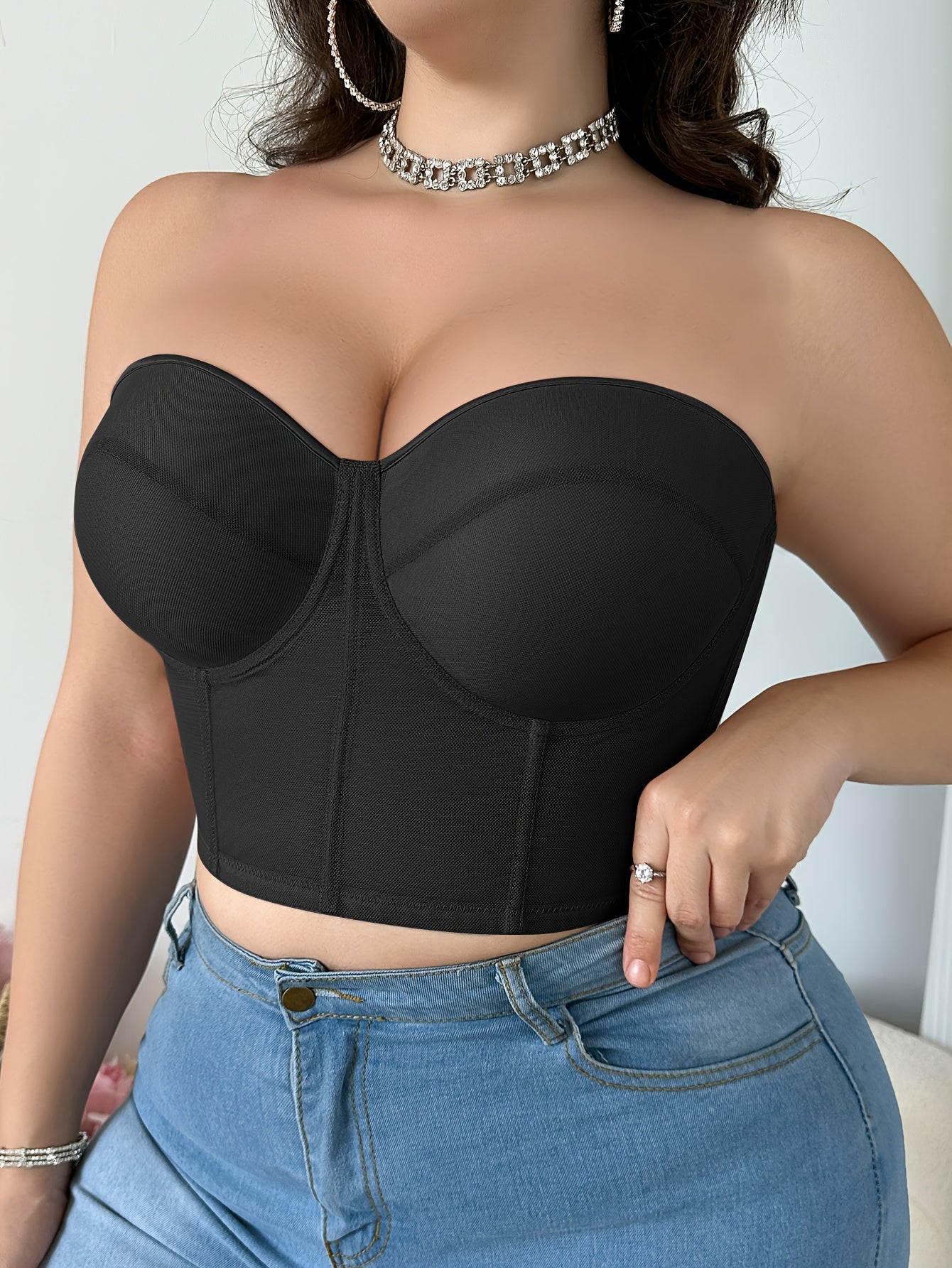 Elegant plus size women's bralette with detachable straps, invisible half-cup design, underwire support, breathable shaping, nylon and elastane material, push-up and thin cup.