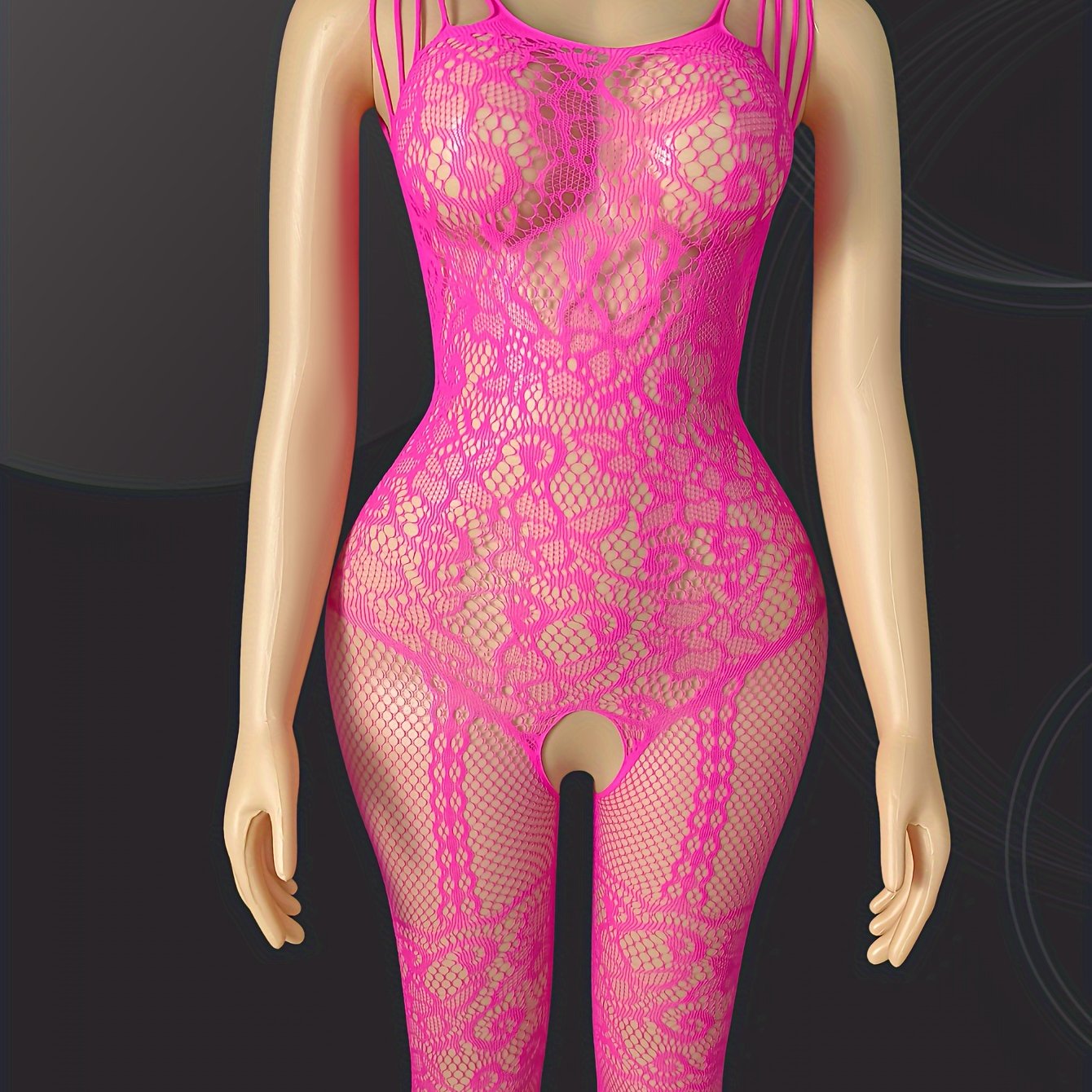 Women's Sexy High Stretch Hollow Bodysuit with Floral Lace Pattern and Sheer Mesh, made of Breathable Polyamide Knit Fabric with Full-Length Open Crotch Design.