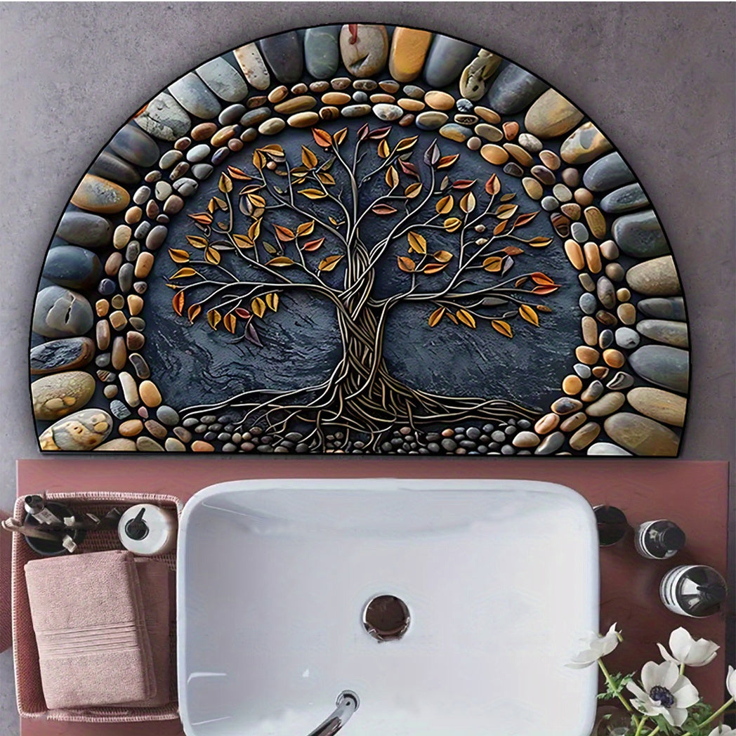 A durable and stylish Tree of Life Pebble Pattern Welcome mat with a washable design and silicone backing, suitable for use in various areas such as porches, living rooms, bedrooms, offices, and outdoor spaces. Enhance your home decor with this versatile