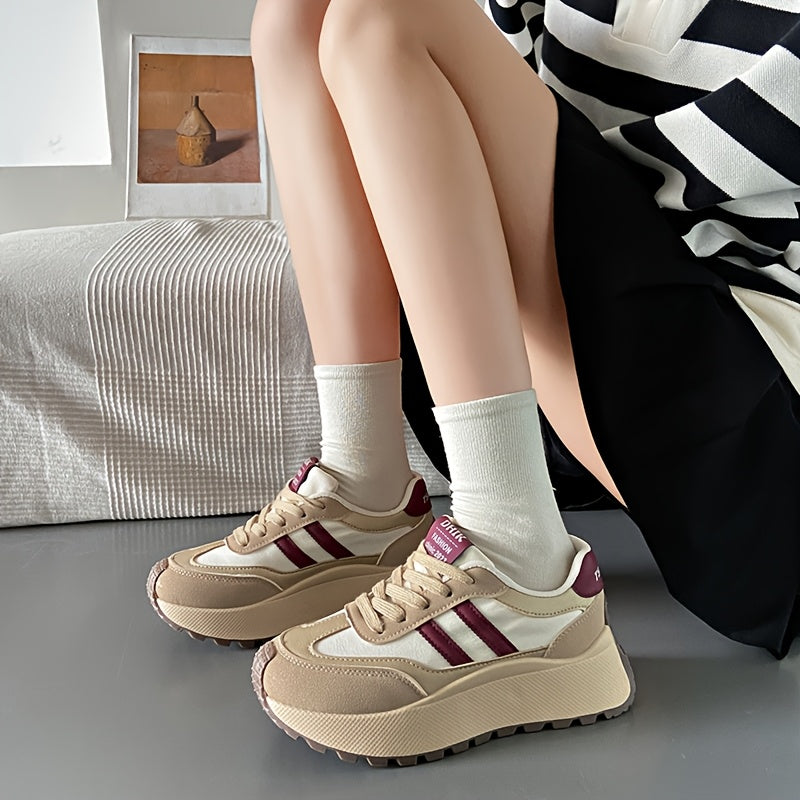 Women's Chunky Sneakers 2024, Striped Low Top Athletic Shoes with Fabric Upper, Lightweight PVC Sole