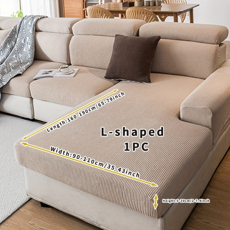 Stretchy sofa cover for L-shaped or 1-4 seat sofas, suitable for all seasons, with elastic bands and machine washable for home protection.