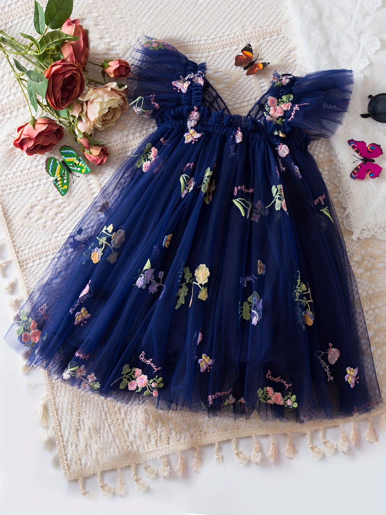 Girls Butterfly Princess Dress with Wings and Floral Mesh - Perfect Holiday Party Gift