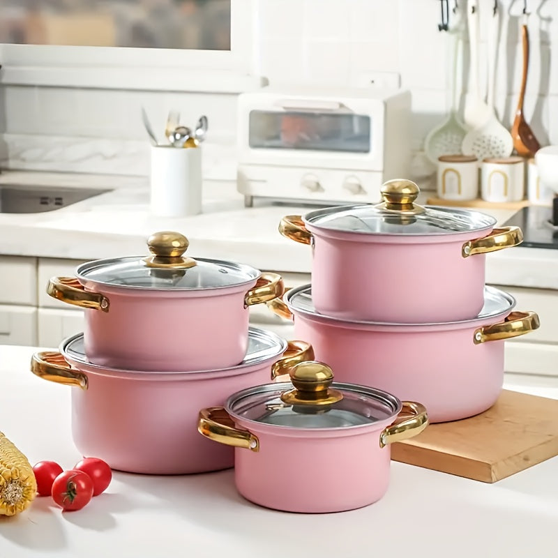 A set of 10 stainless steel soup pots including 5 pots and 5 lids, featuring glass lids and golden handles. These non-stick pots are perfect for a stylish addition to your kitchen and household cookware collection.