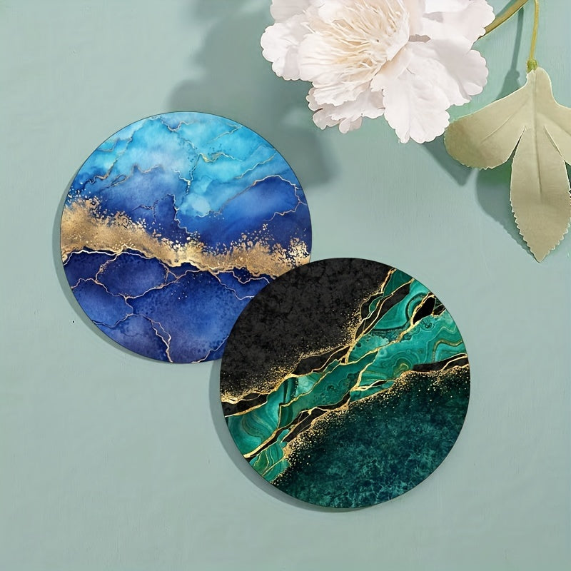 6 luxury golden marbling coasters with absorbent rubber and non-slip backing, perfect for home decor or as a housewarming gift. 10.16cm round.