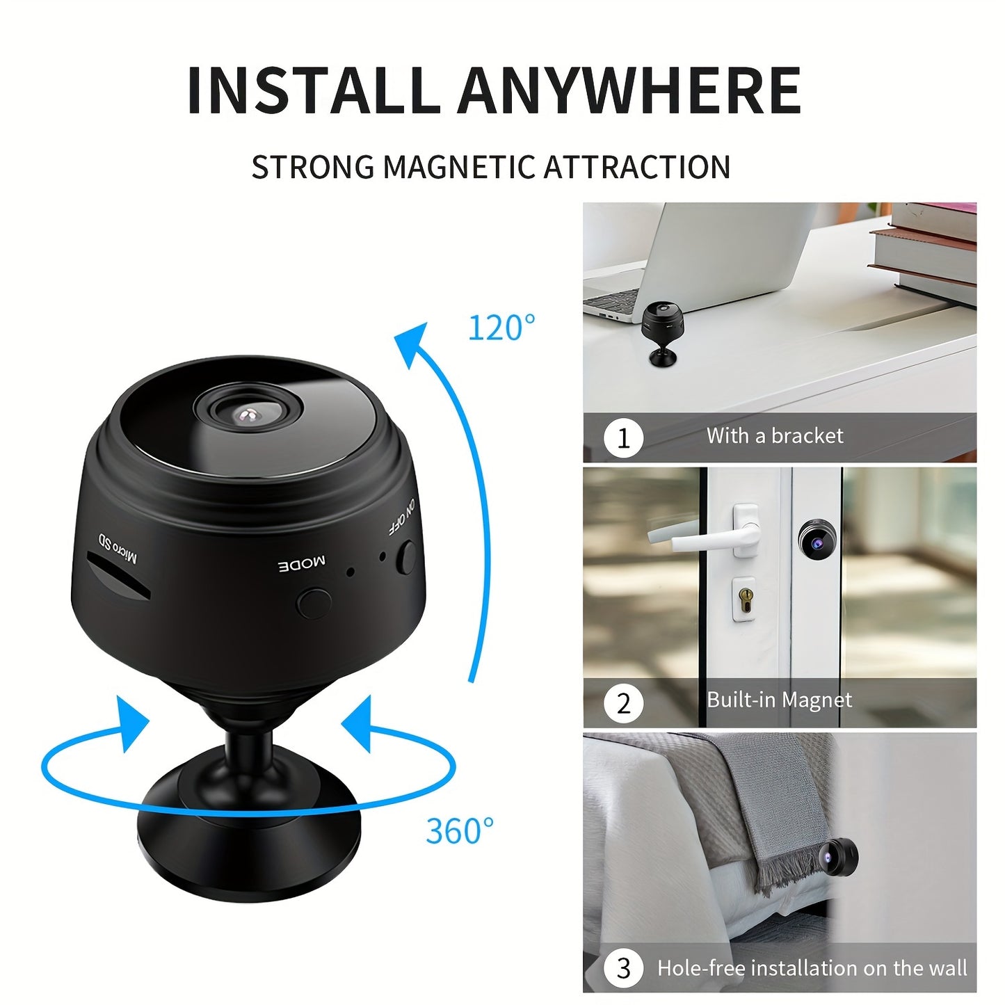 Mini WiFi security camera with magnetic back, USB rechargeable, app-controlled for home and office surveillance in black and white, 24/7 loop recording, multi-user support, portable design