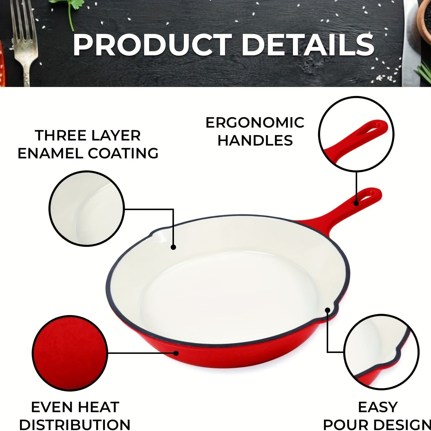 Enameled Cast Iron Skillet with Pour Spouts, Easy Grip Handle - 20.32cm - Versatile Cookware for Stovetop, Oven, and Table - Indoor/Outdoor Frying Pan - Kitchen Essential