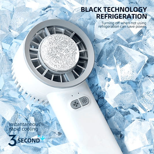 Portable handheld fan with powerful cooling features, perfect for indoor and outdoor use. This fan is high-speed USB rechargeable and has a wearable design for added convenience.