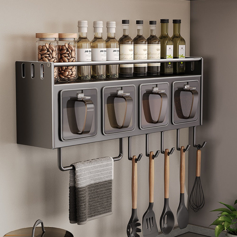 Modern Wall-Mounted Metal Spice Rack Organizer with Hanging Shelf - Convenient Kitchen Storage Solution for Seasoning Jars, Utensils, and Accessories - Includes Home Use Combination Set