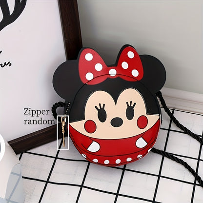 1pc Minnie Mouse cartoon crossbody bag with polka dot bow, ideal for girls & women. Large capacity in a red & black design, perfect for school or everyday use. Made from PU material.