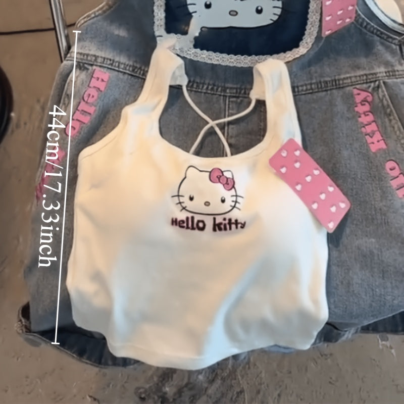 1pc Sanrio Hello Kitty Anime-Themed Sleeveless Cropped Top made of 94% Cotton and 6% Spandex, Machine Washable, White with Pink Hello Kitty Design, Perfect for Casual Summer Fashion and