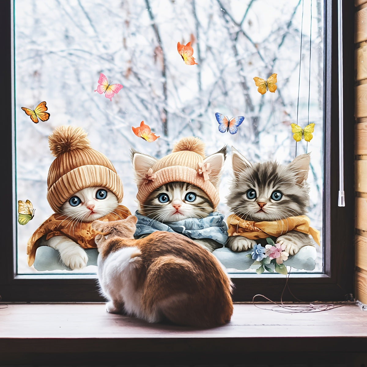 Cute Winter Cat & Butterfly Electrostatic Window Clings - Reusable, Double-Sided Glass Stickers for Home Decor