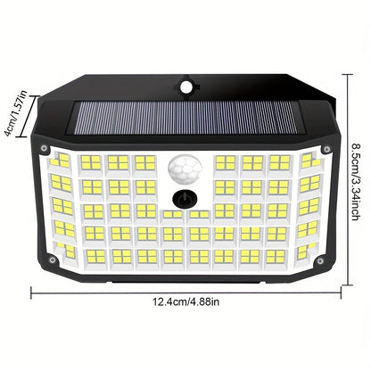 "Solar motion sensor light with 176 LEDs for outdoor use. Has 3 lighting modes for yard, path, and garage.