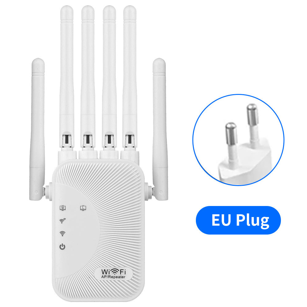 WiFi signal extender with 1200Mbps speed, dual-band 2.4G/5GHz, WiFi 6 support, 6 antennas, ideal for homes, malls, and cafes.