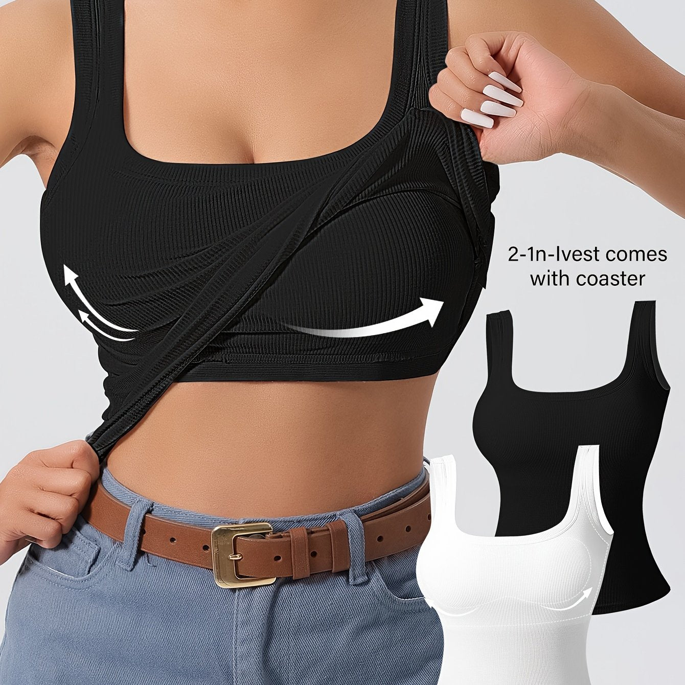 2 Simple Solid Square Neck Tank Tops with padded backless design for women's lingerie and underwear.