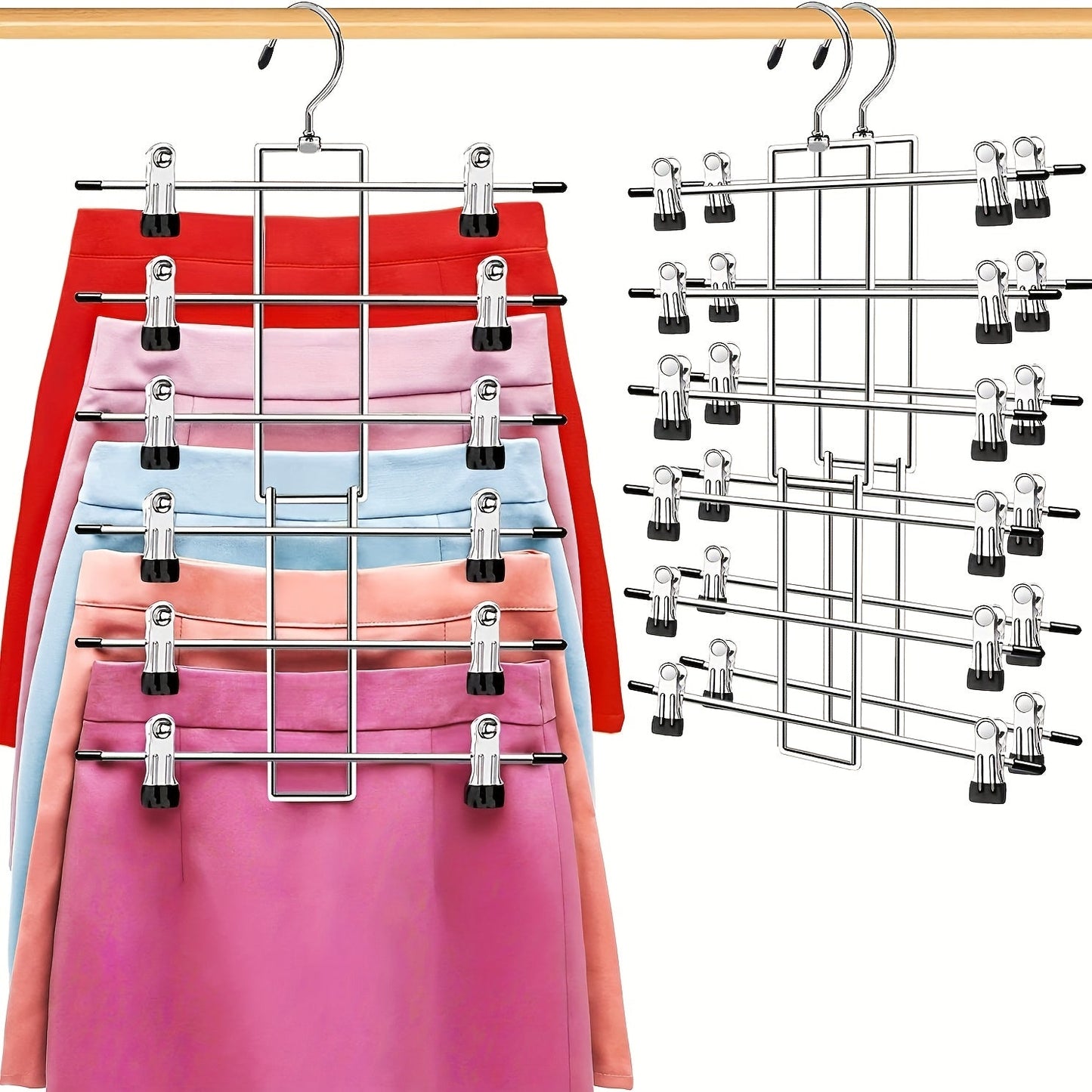 Foldable metal closet organizer with 6 tiers of storage, ideal for saving space and hanging pants and skirts. A must-have for college dorms, suitable for both boys and girls. Features a durable multi-layer design for effective organization of your