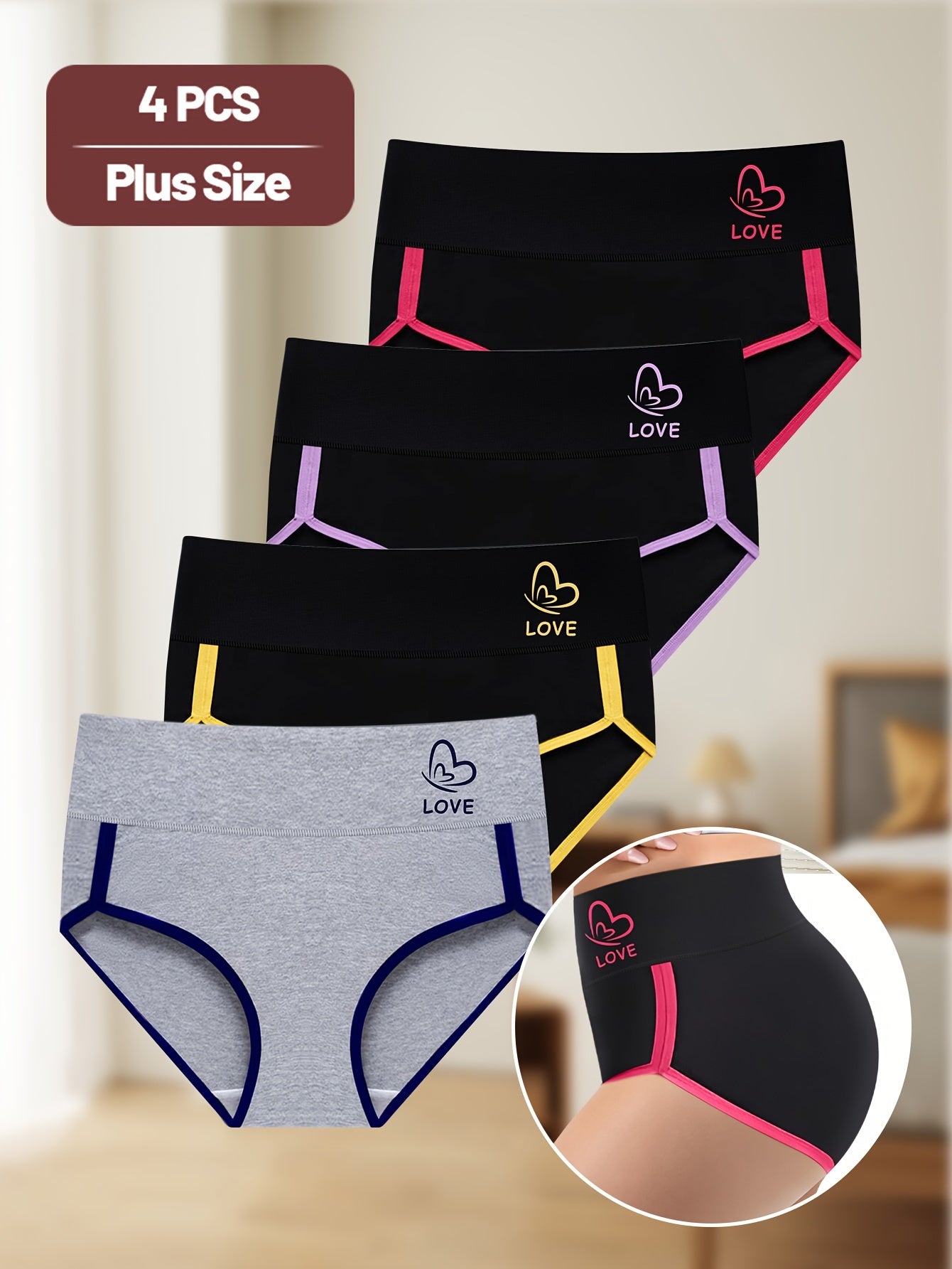 4pcs Plus Size Women's Panties - Comfortable mid-rise with tummy control and colorblock design, made from breathable polyester blend.