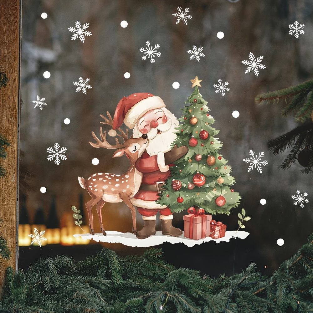 One piece of Christmas Window Cling featuring Cartoon Santa & Reindeer Snowflake Tree design, measuring 38.1X38.1cm. Made of PVC, this decoration is waterproof, removable, static cling, and reusable, perfect for glass door decoration.