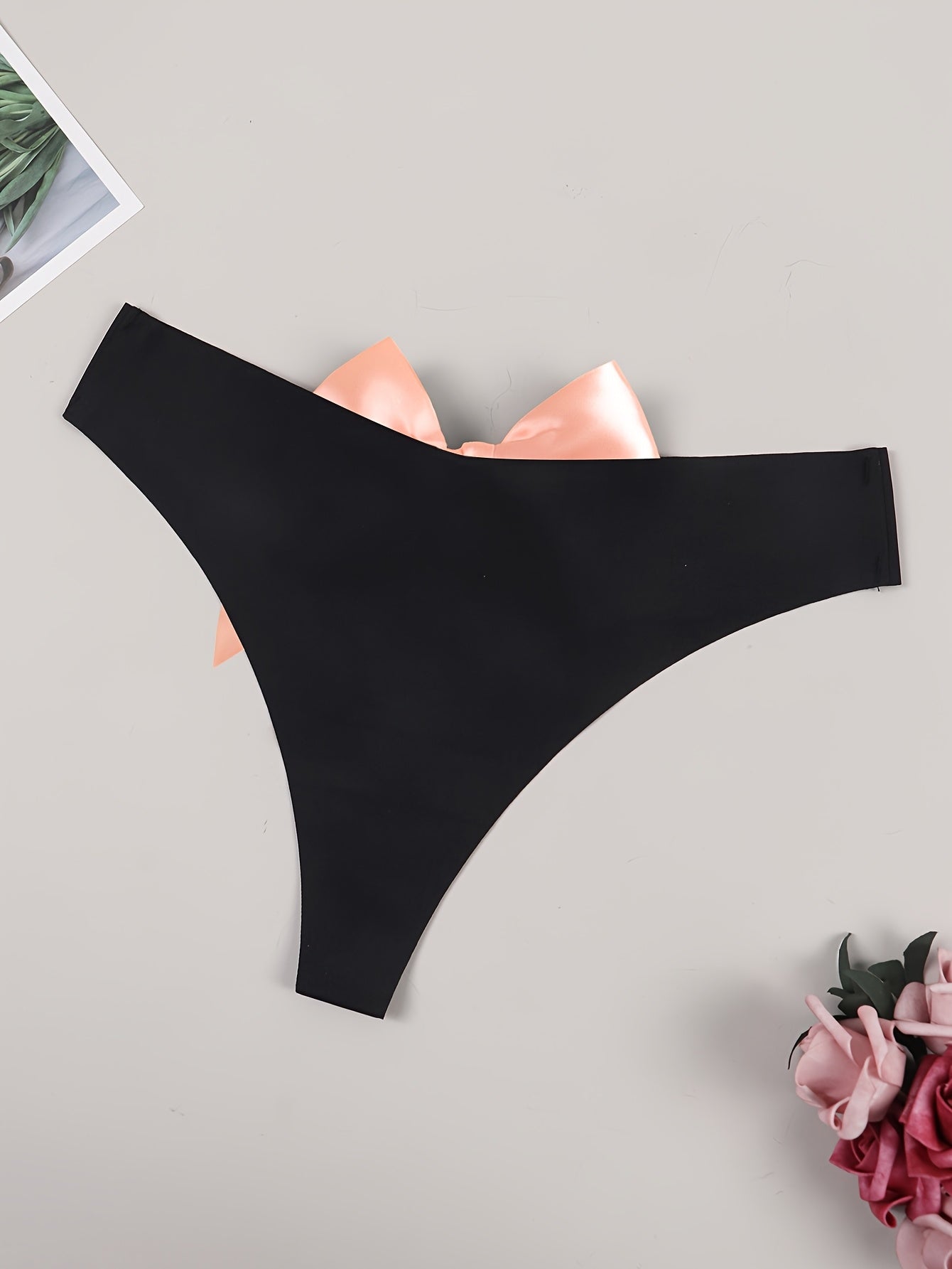 Adult Elegant Lingerie: Solid Color G-String Thong with Bow Detail, Polyamide and Elastane Blend, Knit Fabric